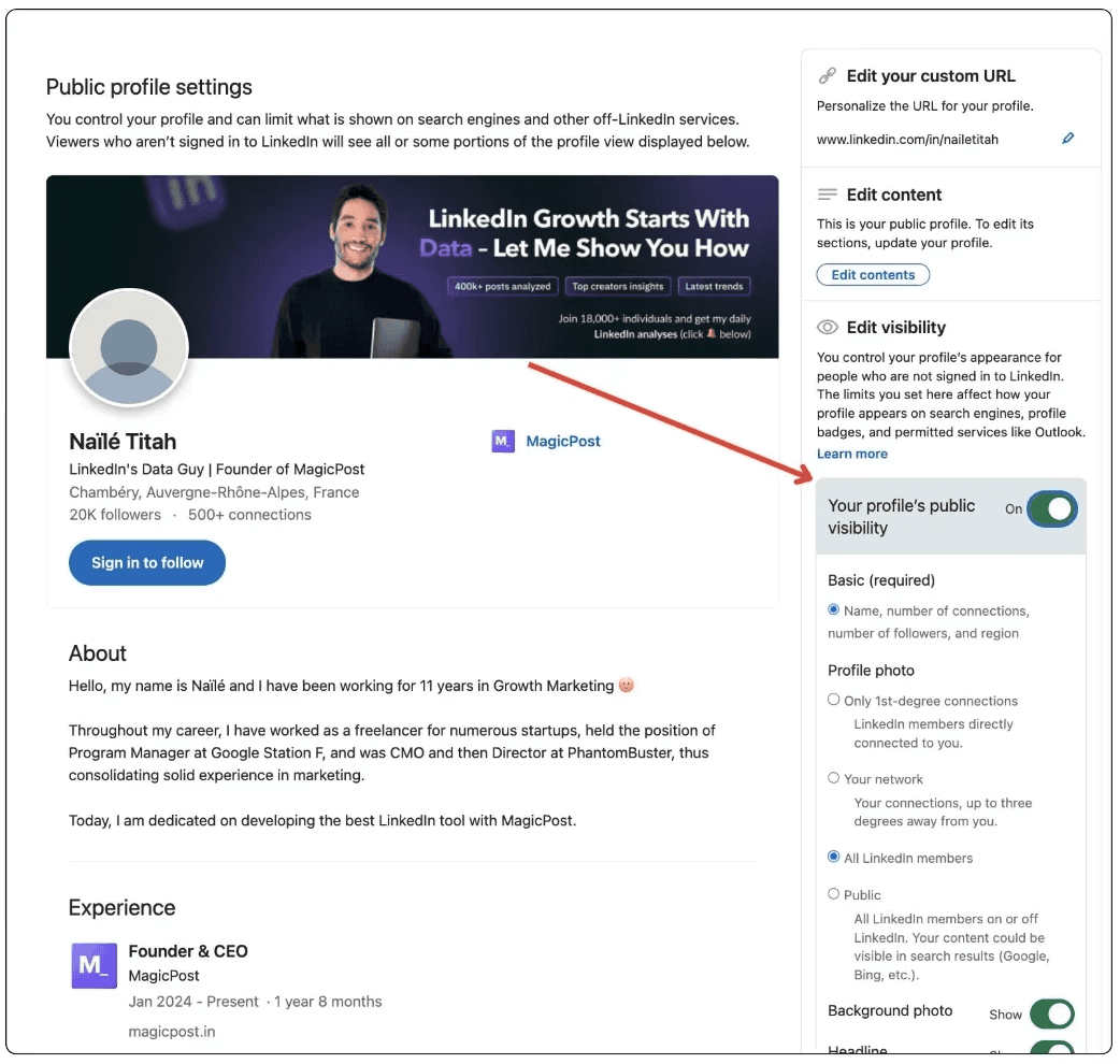 LinkedIn's public profile settings with an arrow pointing at "Your Porfile's public visibility." The setting is toggled ON