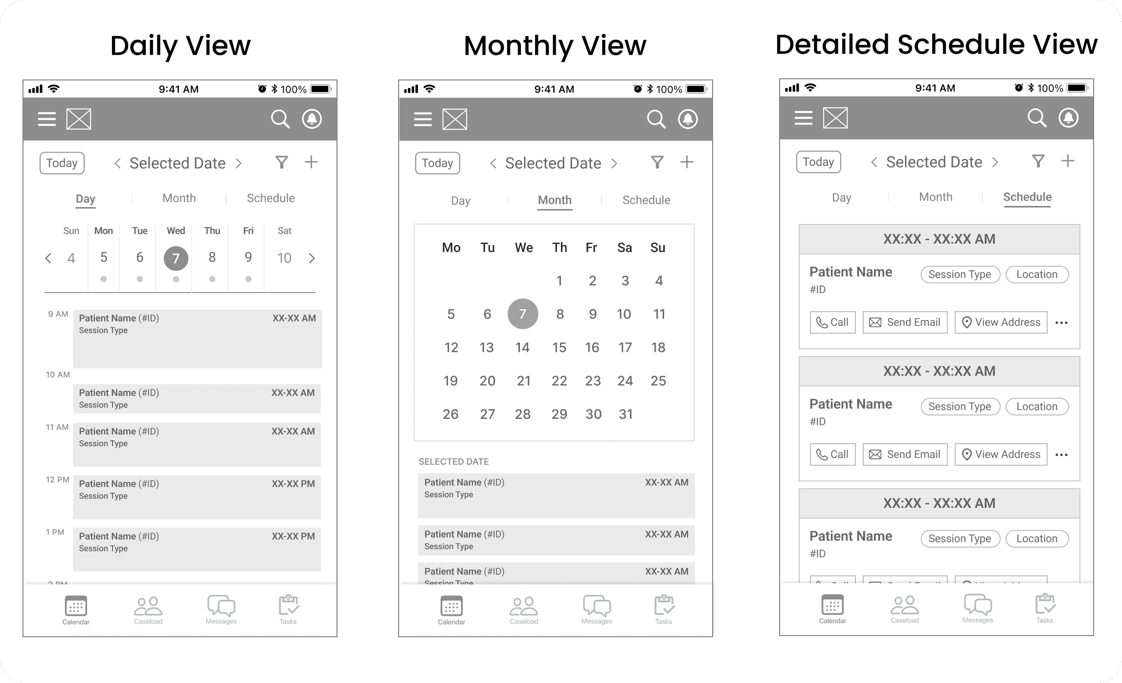 Mid fidelity wireframes of 3 schedule views (daily, monthly, detail)