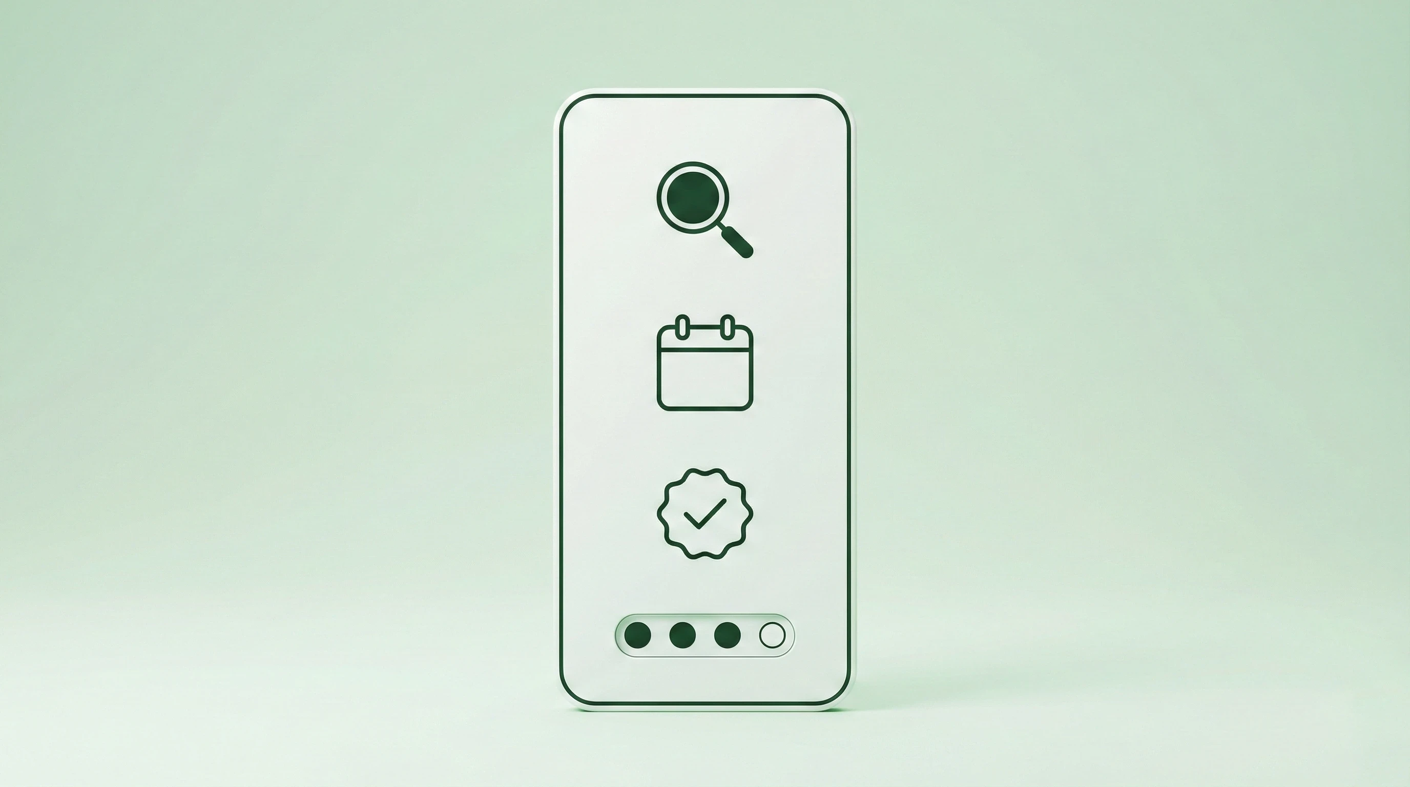 Minimalist illustration of an interface card for reviewing, approving, and publishing a Findoori premium profile, with icons for search, scheduling, and confirmation.