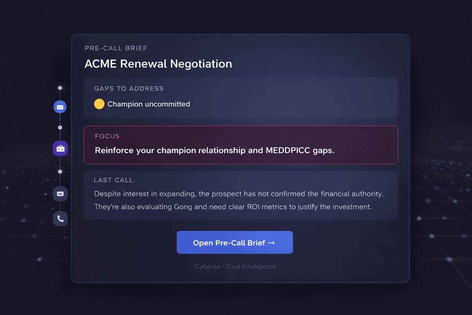Walk in knowing exactly what’s missing. Pre-call brief with full deal context, past calls, and MEDDPICC gaps.