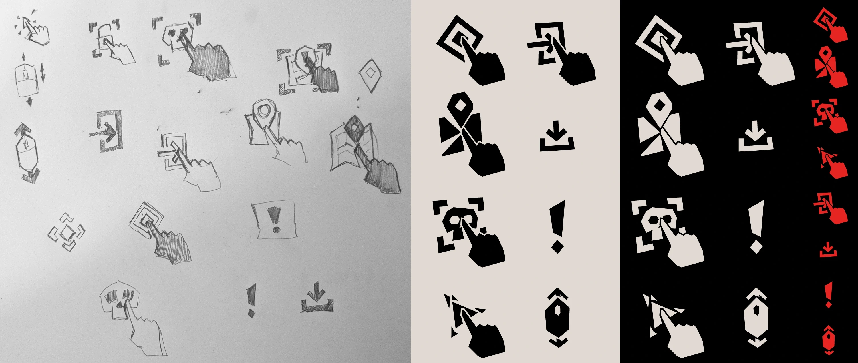 A collection of sketches and final digital designs for the webcomic's interactive icons. The icons combine a finger symbol with various actions like download or enter.