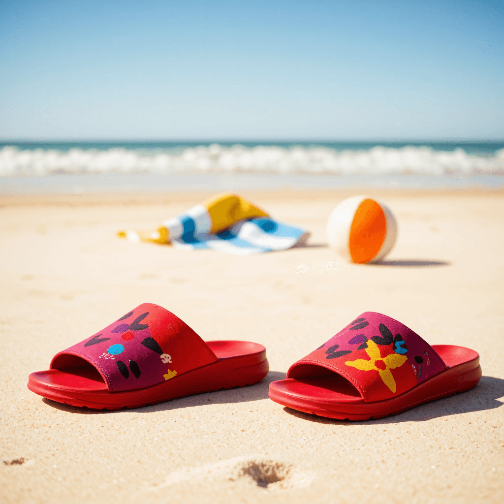 product photography of a pair of colorful slide sandals