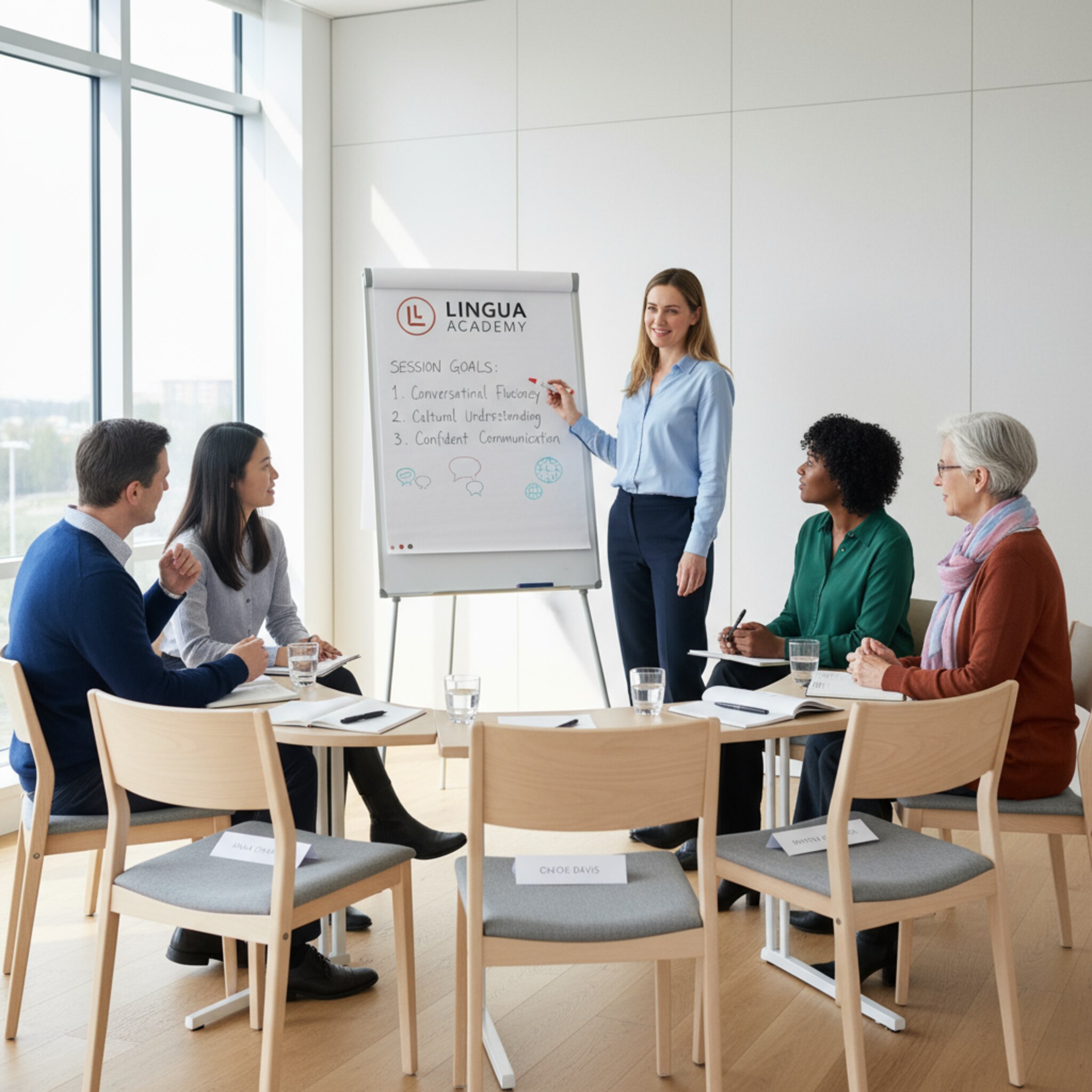 In einem modernen Seminarraum warten ordentlich gestellte Stühle und ein Flipchart. Eine Trainerin schreibt das Firmenlogo und Ziele der Session an, Teilnehmer diskutieren leise. Notizblöcke und Namensschilder liegen bereit. Die Stimmung ist professionell, fokussiert und kooperativ.