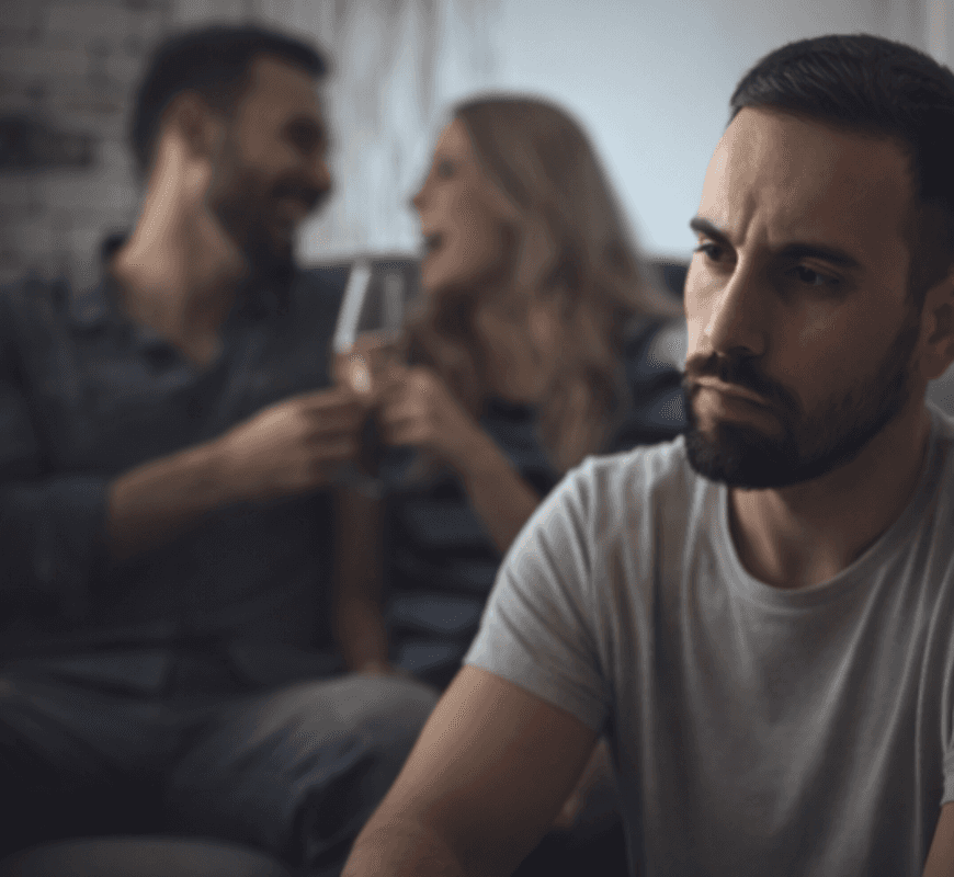ein man sieht genervt aus, er sitzt alleine rum und hinter ihm ist ein glückliches paar