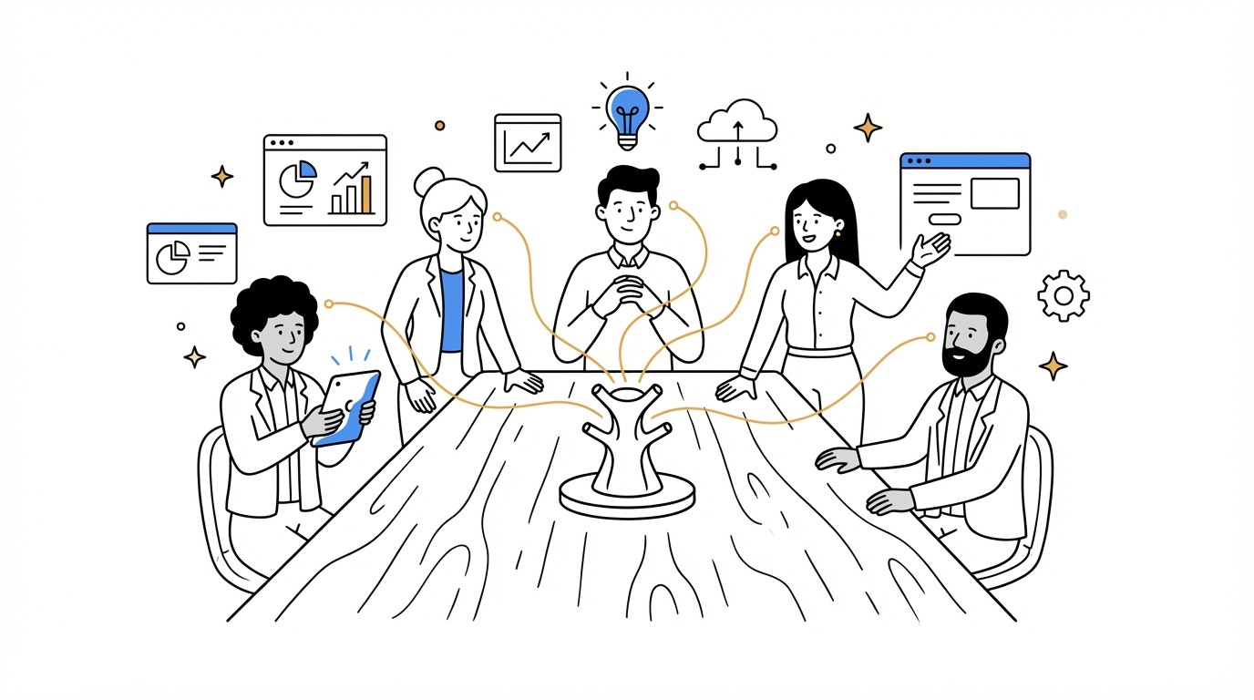 A diverse startup team working together around a table with a central hub, connected by subtle golden lines, representing an integrated AI-powered ecosystem in a bright, modern office.