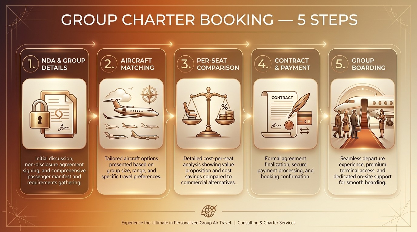 Group charter booking 5-step process — NDA, aircraft matching by passenger count, per-seat comparison, contract, payment, group boarding ACK