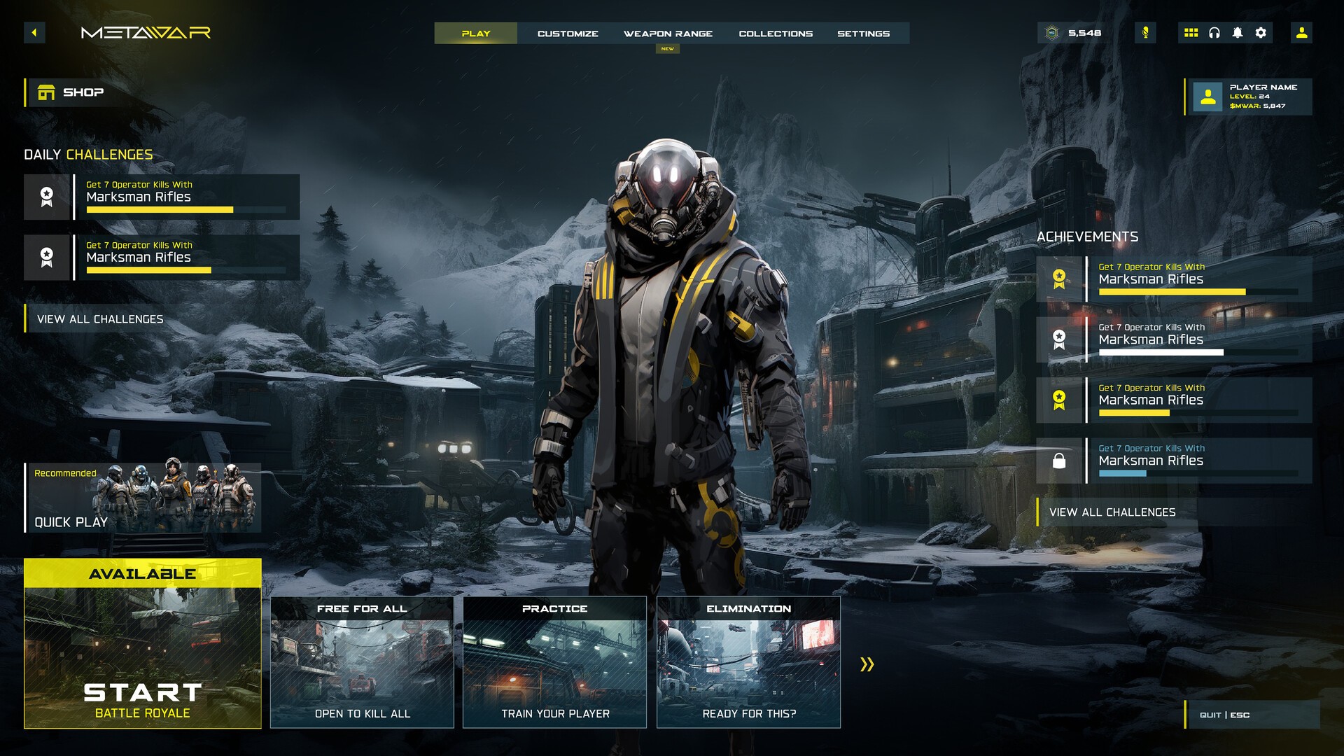 Main menu of a futuristic battle royale video game showing a character in advanced armor standing against a snowy, industrial landscape with daily challenges and achievements displayed on the interface.