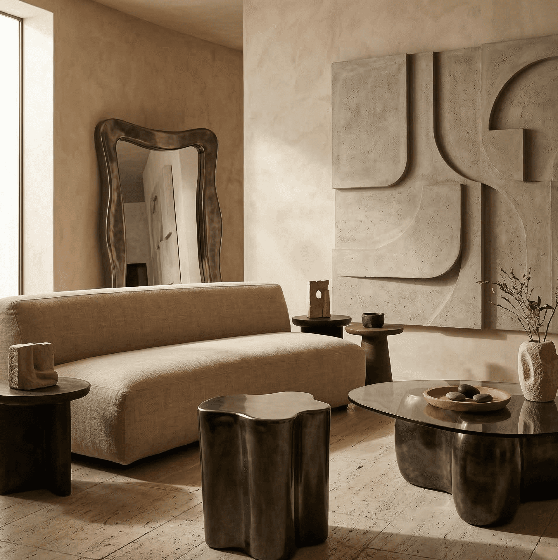 Dark brown wooden façade with detailed grain texture and layered vertical geometry.