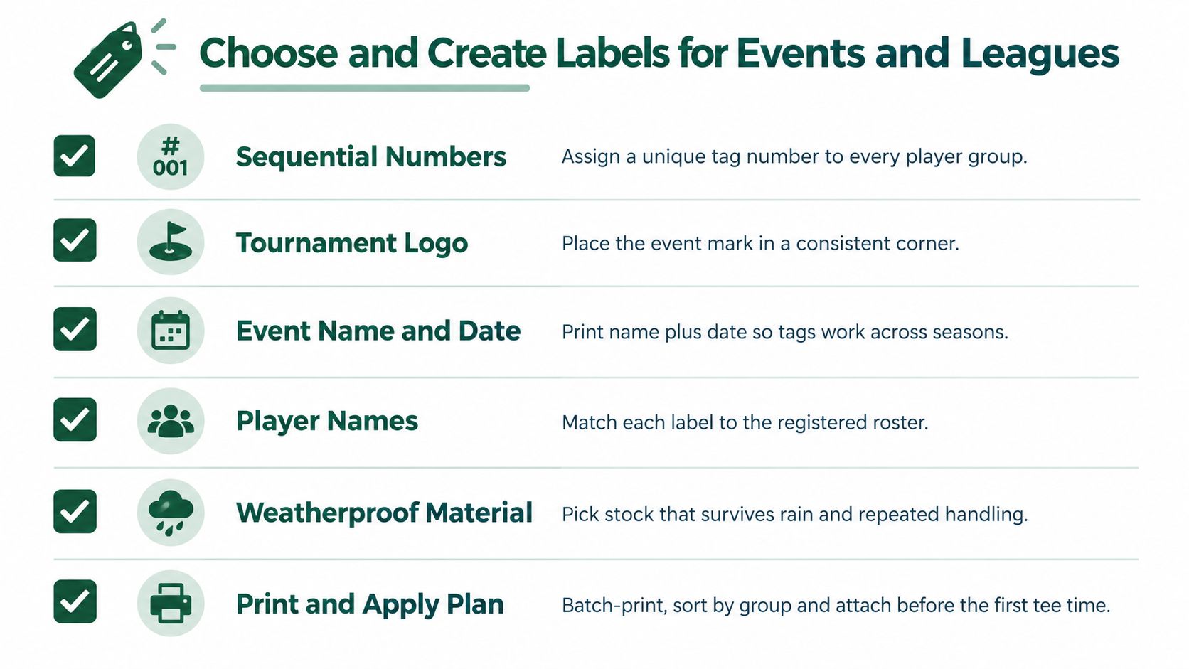 A checklist infographic illustrating six essential steps for creating custom event and league labels for golf.