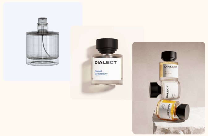 3D mesh of Dialect Fragrance bottle, white background, and creative photo of stacked bottles on stone podium