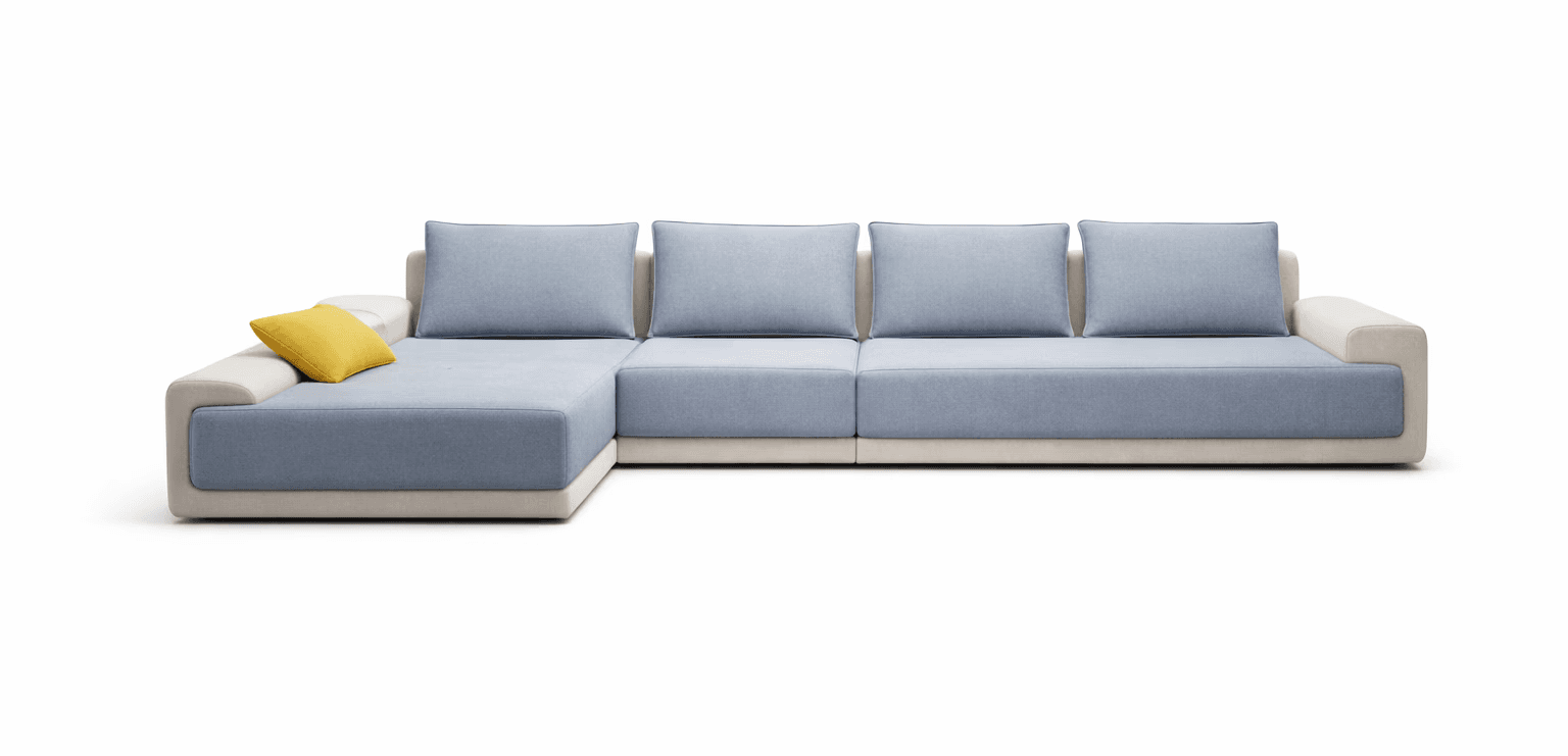 Low‑profile sofa with structured cushions and balanced symmetrical form