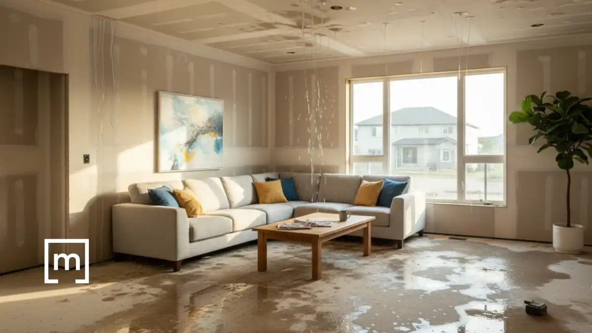 ein Raum mit Wasser und dem Boden und Wasser, das von der Decke fällt