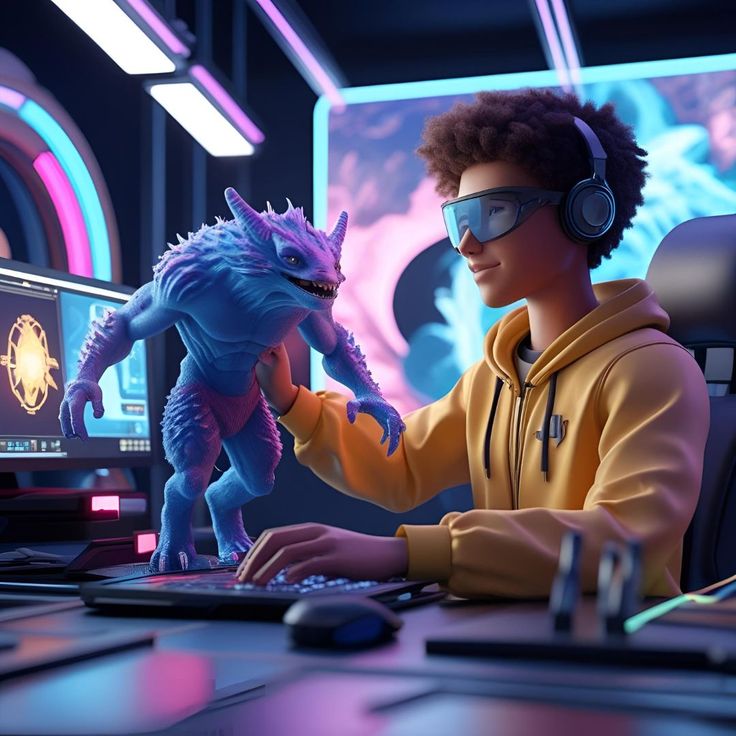 Digital artist working with a colorful creature