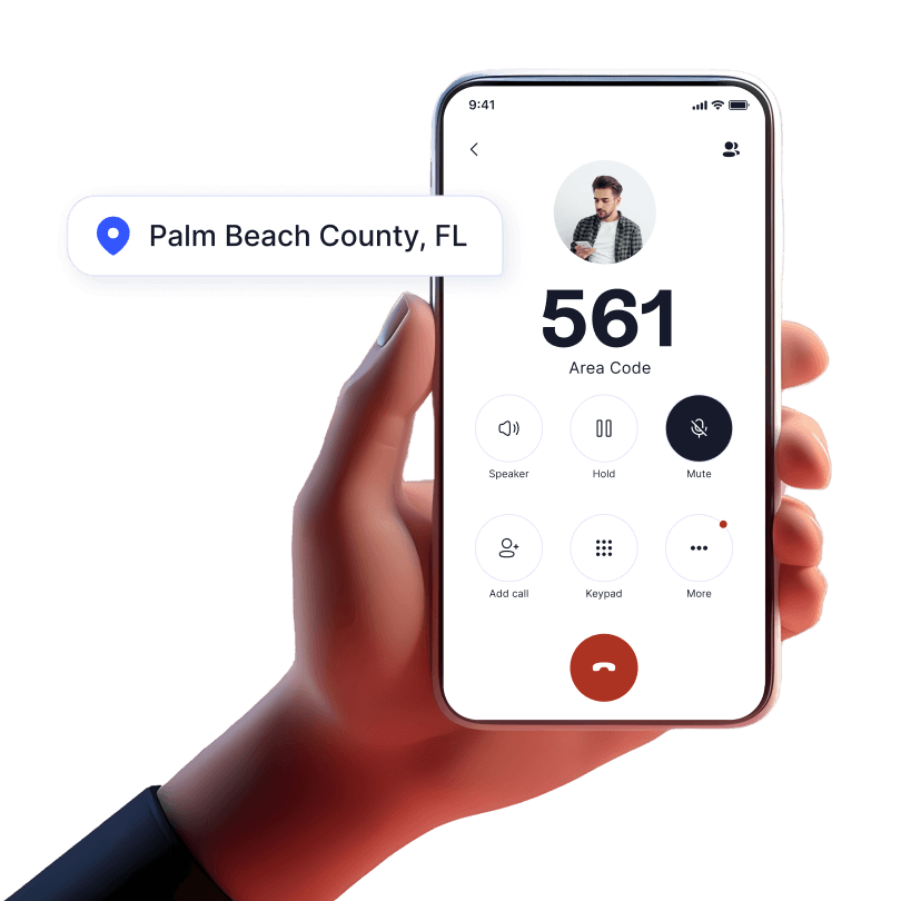 Hand holding mobile device with incoming call from 561 area code using LinkedPhone 2nd phone number mobile app