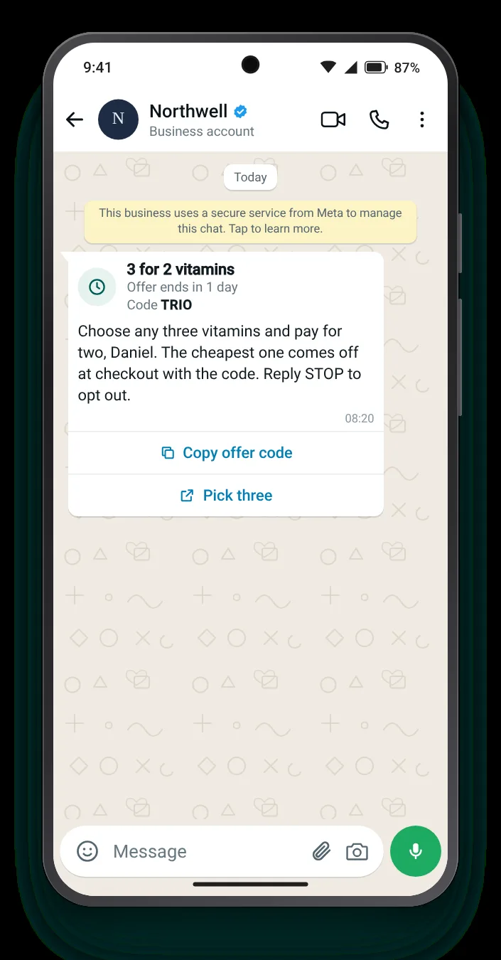 Text only: panel, timer, body: WhatsApp limited-time offer on an Android phone