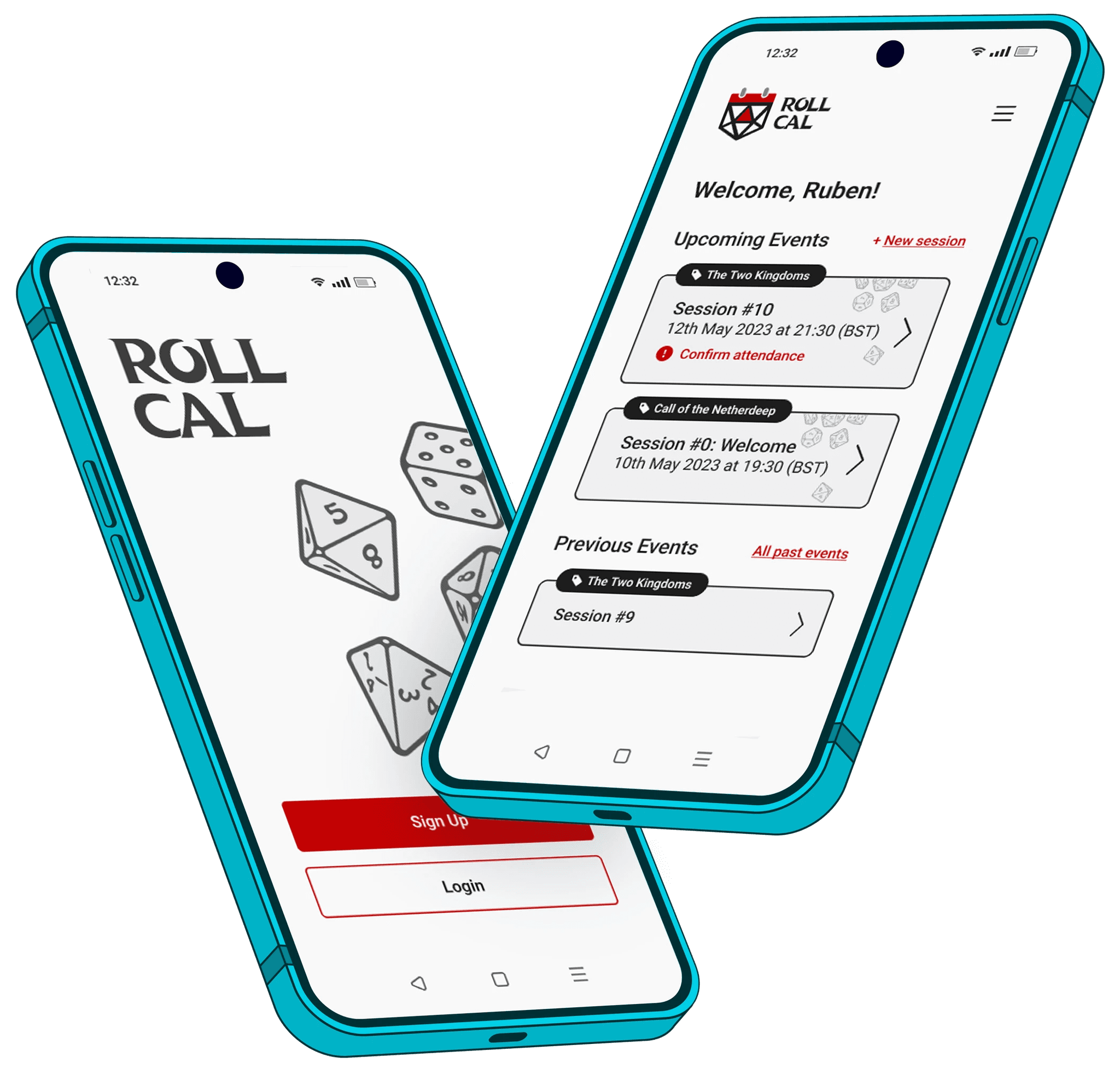 Two phones, showing the login page and the homepage for the Roll Cal app