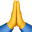 Mains jointes en signe de prière ou de remerciement. Les paumes se touchent, les doigts sont dressés. Manches bleues.