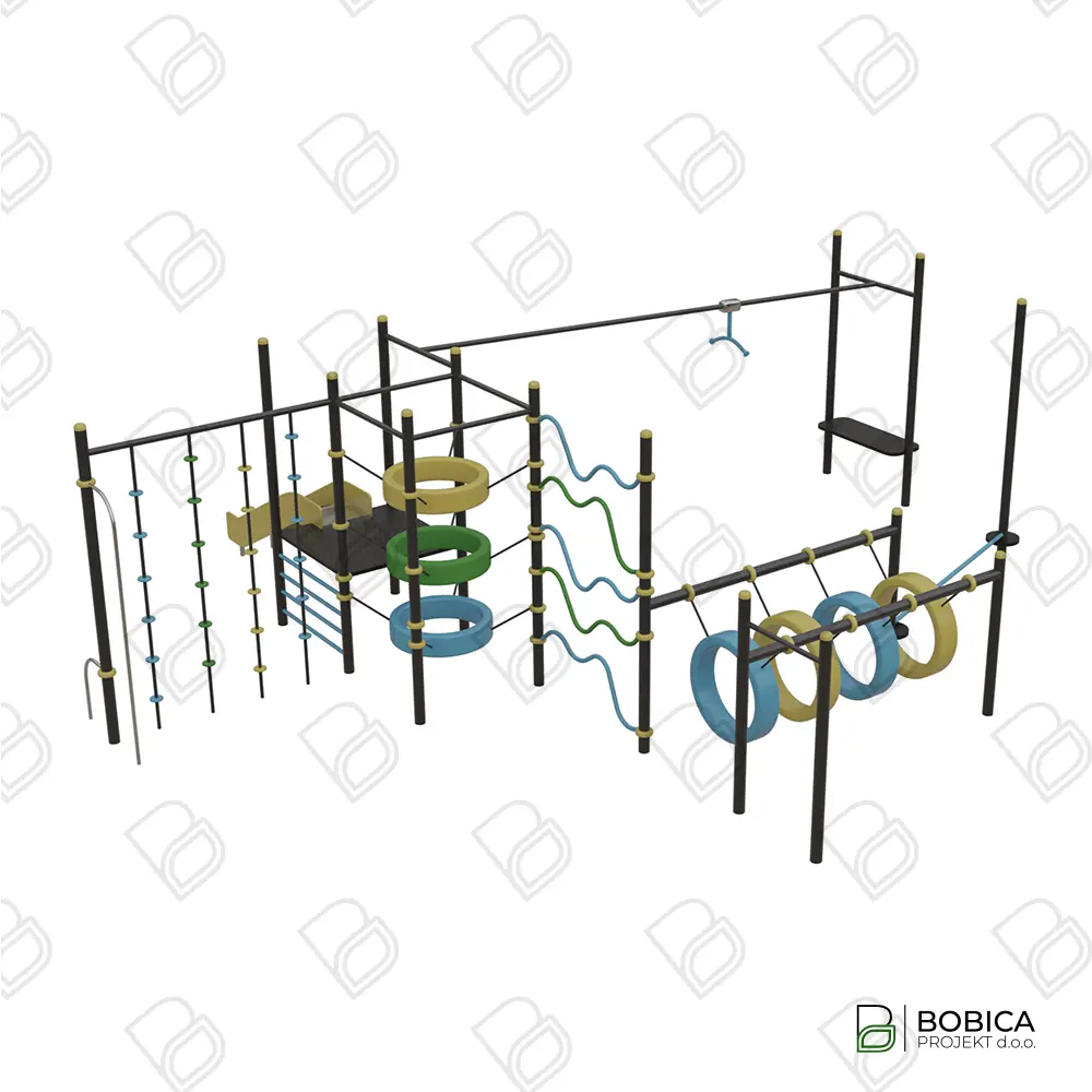 Složeno kombinirano dječje igralo s elementima za penjanje, balansiranje i mini zip line – BOBICA PROJEKT