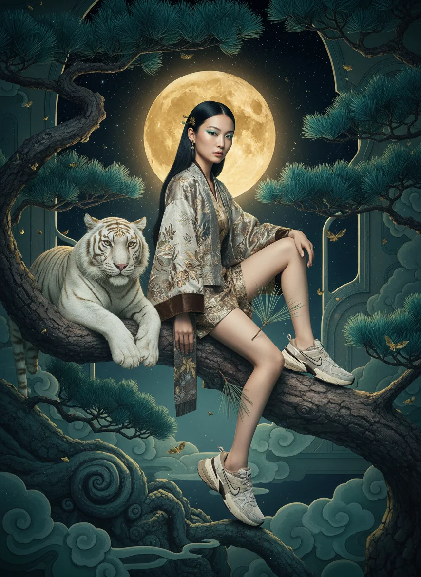 scene4-ai product photography-sneakers campaign creation-japanese girl wearing sneakers sitting next to a tiger