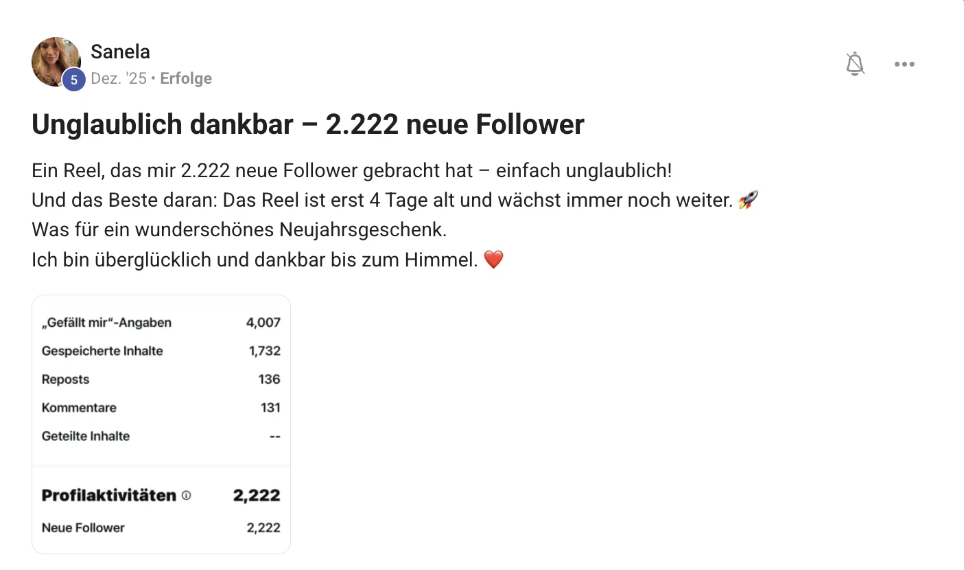 Kundenstimme KI Creator Akademie: Sanela gewinnt mit einem Reel 2.222 Follower in vier Tagen
