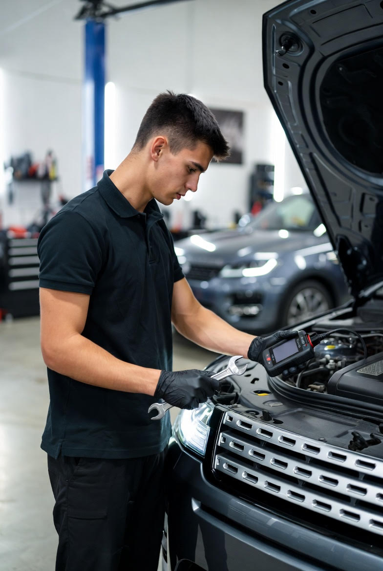 Workshop maintenance technician working on a vehicle in a clean and clinical environment showing the attention to detail and care Eveso will use to perform on members vehicles