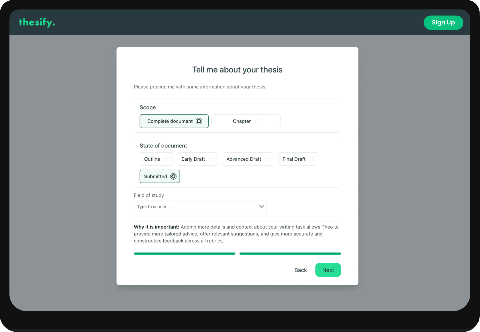 Screenshot of the onboarding questions after uploading a draft in thesify