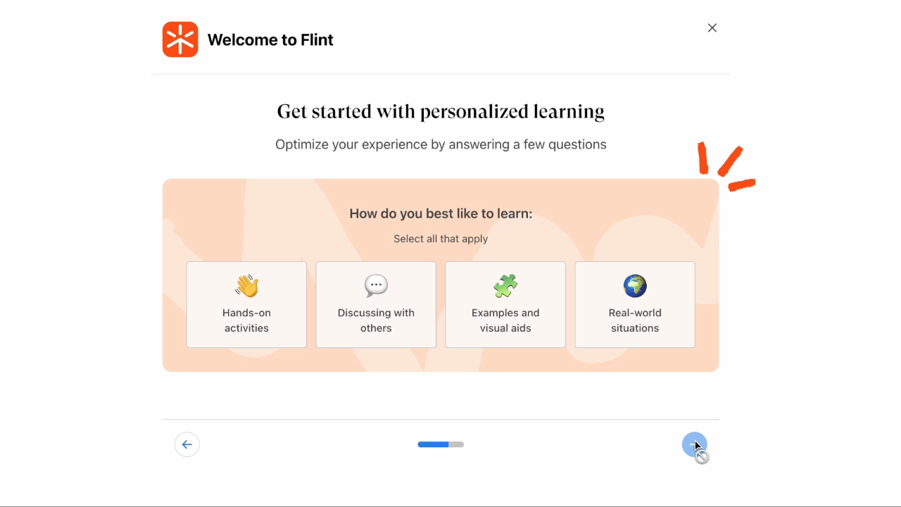 GIF showing onboarding flow of Flint where you can get personalized chats and activities based on your grade, subject, and role 