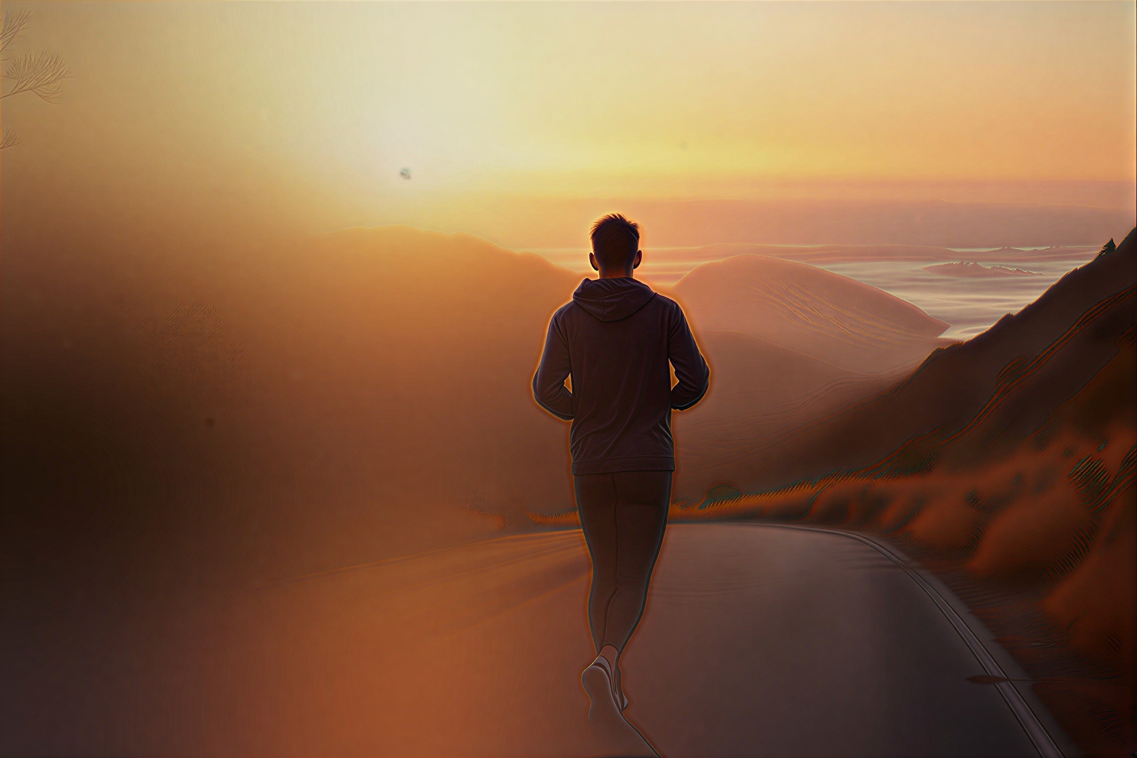 Determined man runs along scenic mountain road at vibrant sunset.