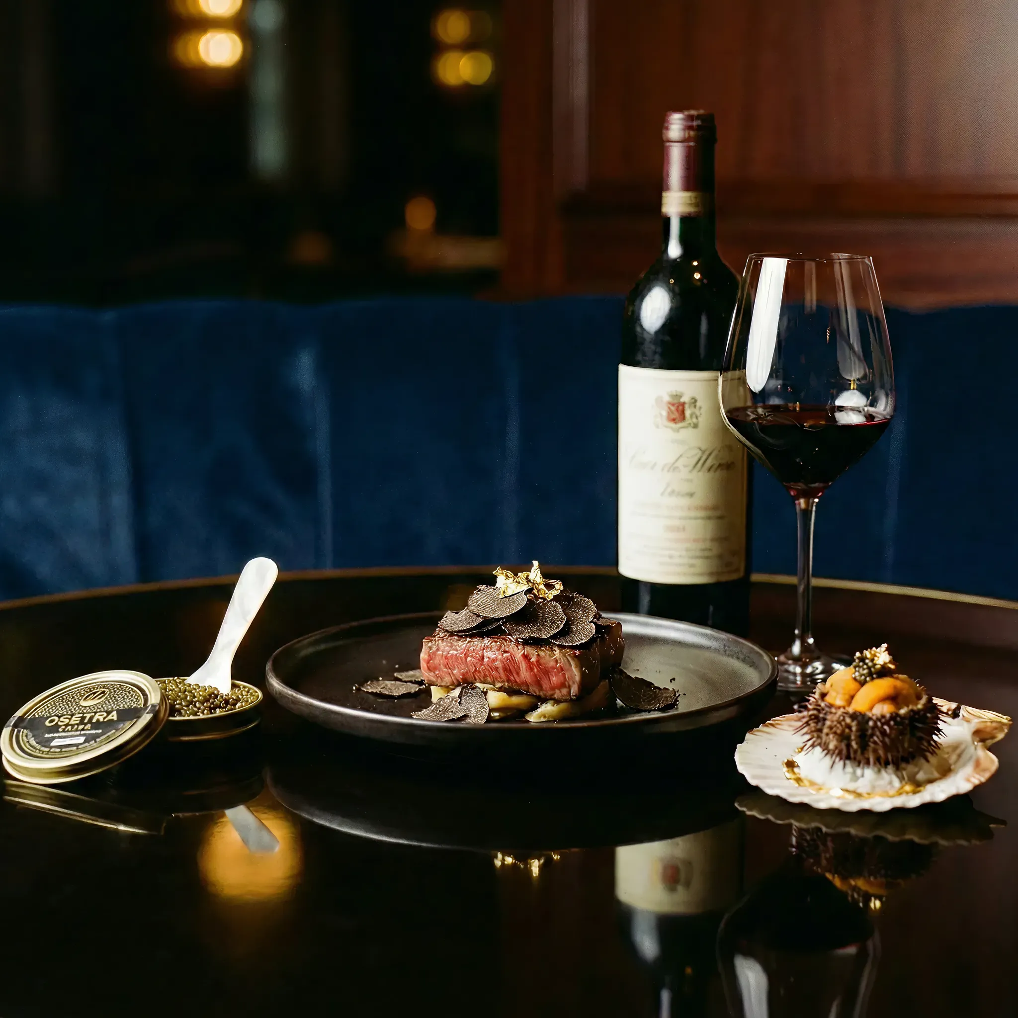 Luxurious dining scene with a plate of steak topped with truffles, caviar tin with spoon, sea urchin, a bottle of red wine, and a filled wine glass.