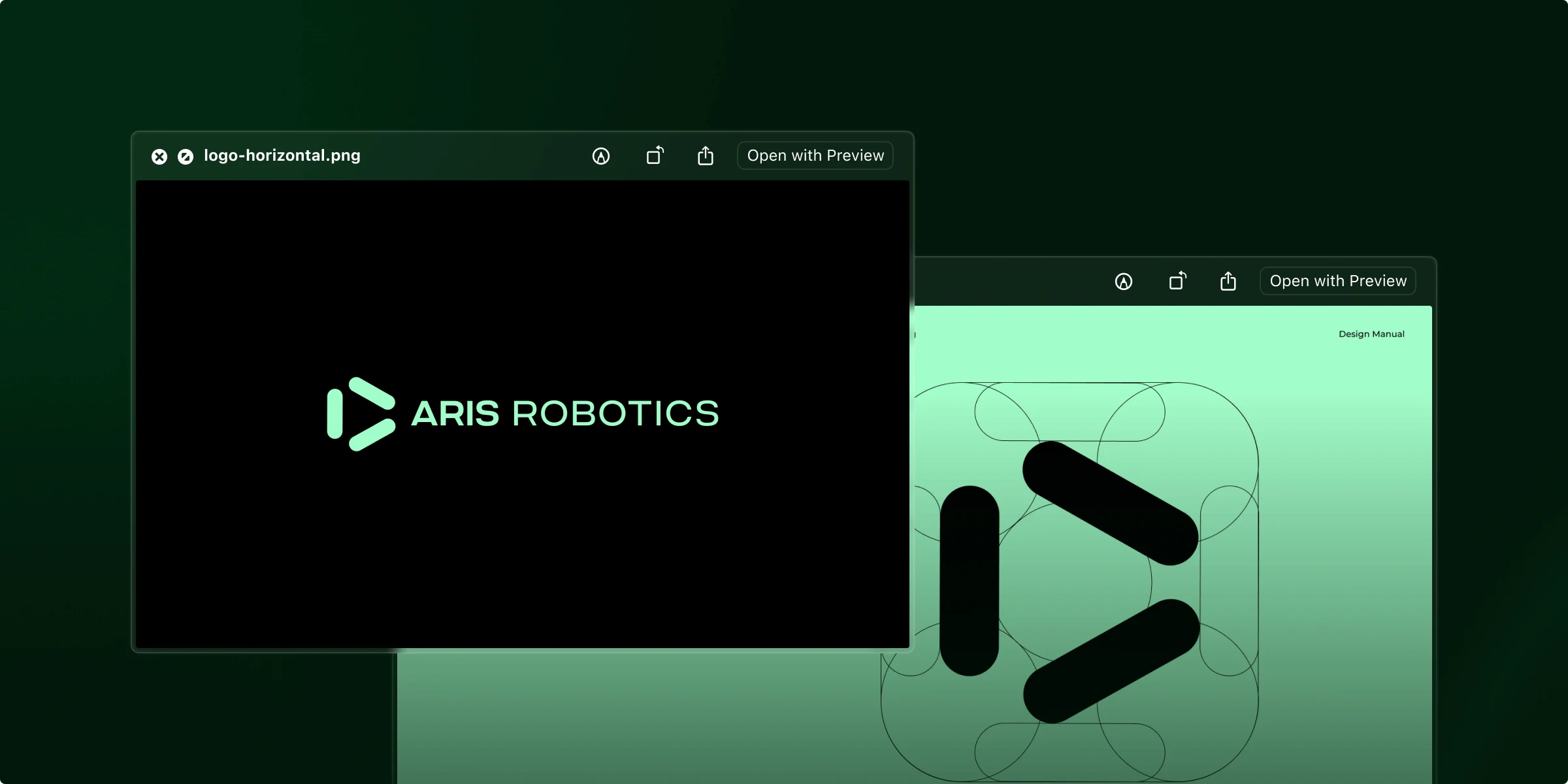 Branding material for ARIS Robotics, featuring a horizontal logo in a mint green color on a black background, with a design manual in the background.