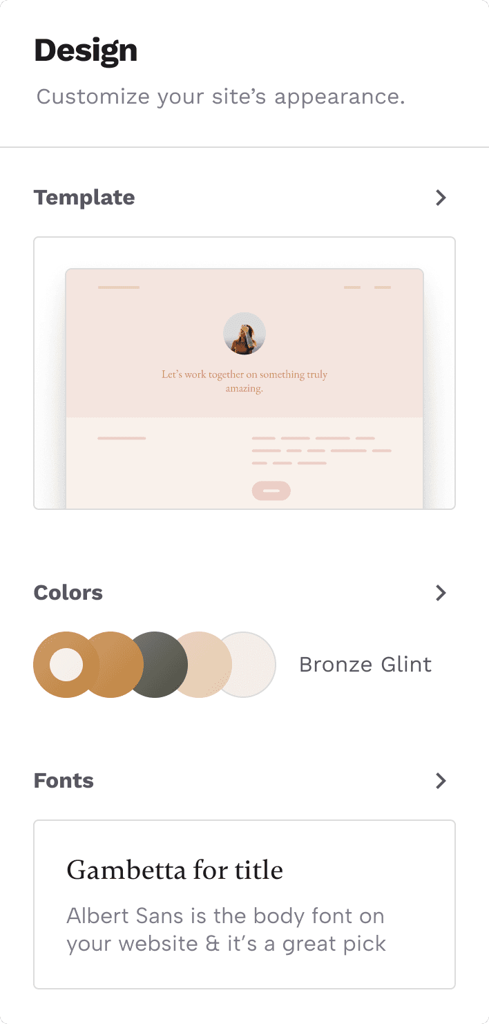 The design panel of Copyfolio, a website builder for copywriters. The panel has three things to customize: your website template, the colors of the site, and the fonts.