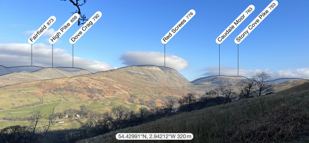 A PeakFinder image highlighting the surrounding fells seen on the ascent to Wansfell Pike. Fairfield (873), High Pike (656), Dove Crag (792), Red Screes (776), Caudale Moor (763), and Stony Cove Pike (763).