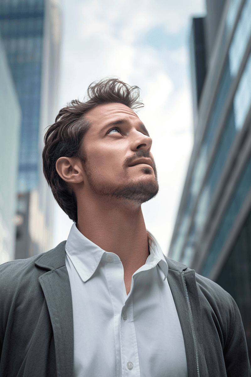 Man Looks Up, Office building background, AI Generated.