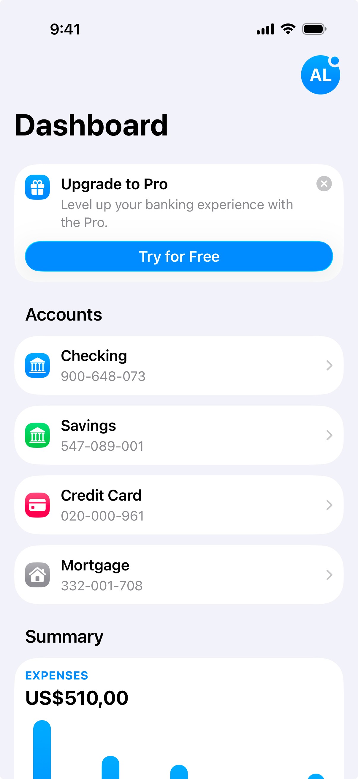 AppLayoutsUI Home screen on iOS.