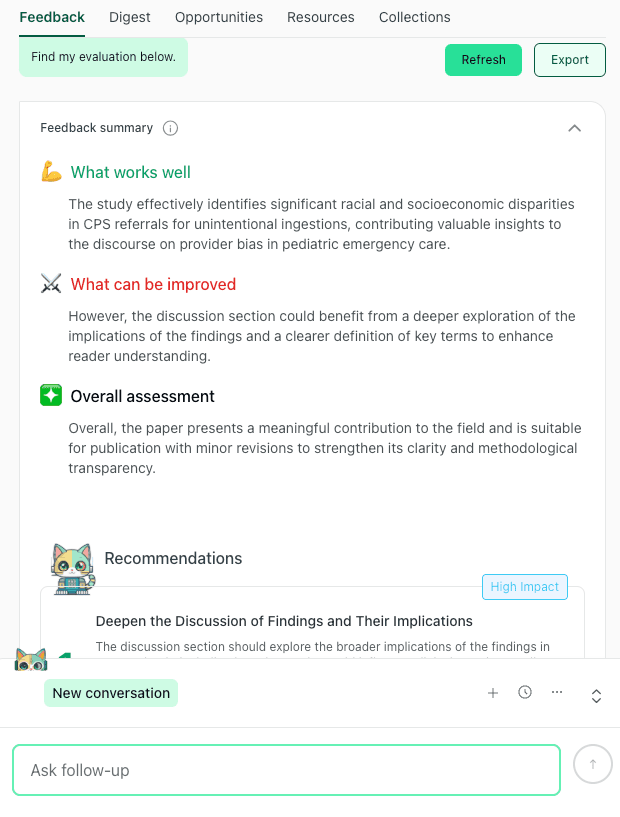 Close-up of the thesify feedback summary with sections for what works well, what can be improved and an Export button.