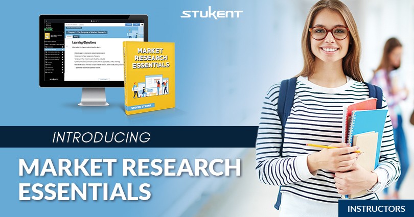Smiling student holds notebooks and a tablet. Text reads: “Introducing Market Research Essentials.” A computer screen and textbook with the same title are shown on the left. Stukent logo appears at the top.