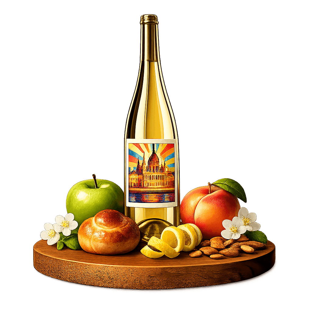 Artistic label and flavor profile for Hungarian Sparkling Wine on a rustic wooden table.