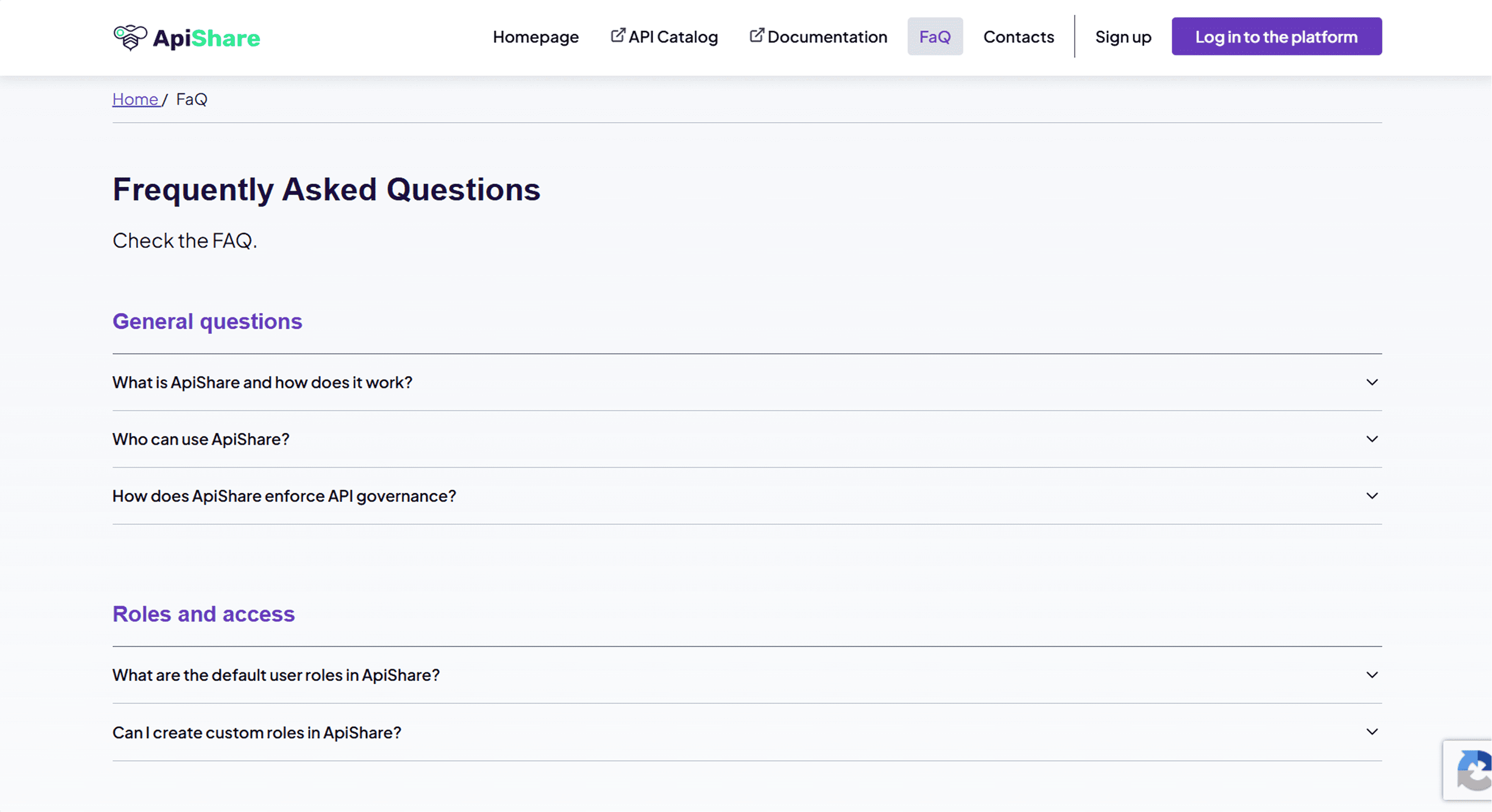 Public showcase FAQ page with the questions grouped by topic