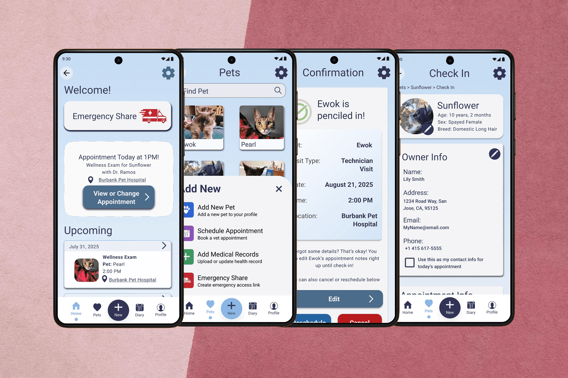 4 Screens - home screen with upcoming appointment prompt, add new pet menu, appointment cofirmation screen, and check in screen