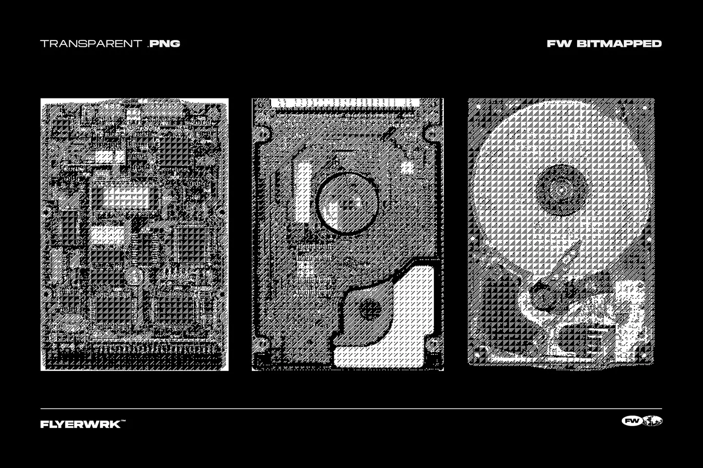 Bitmapped design elements hardware circuit board and hard drive disc with complex bitmap pattern textures