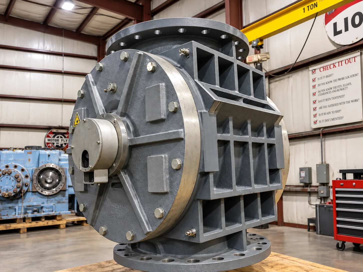 Large gray industrial gearbox standing on a pallet in the workshop