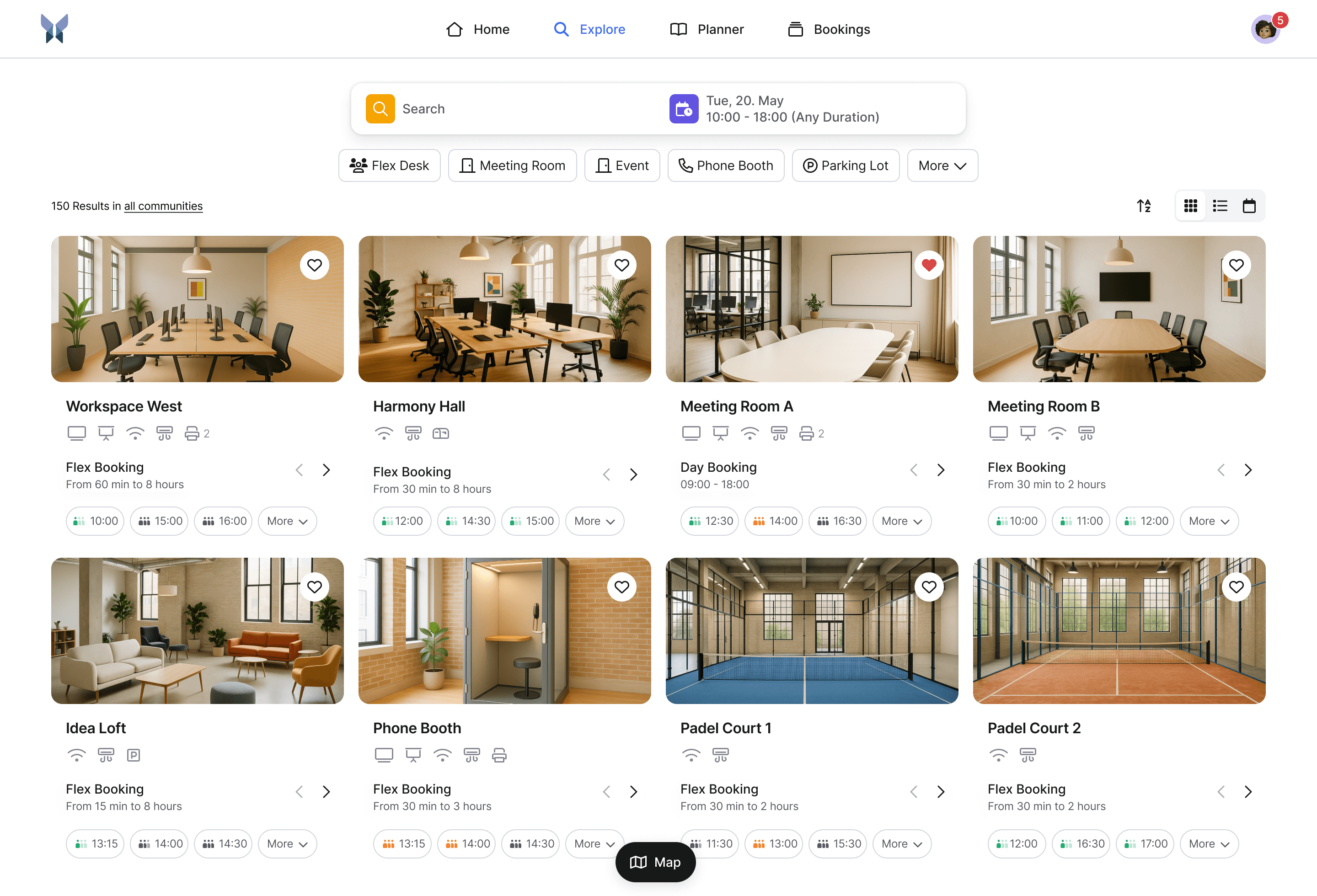 The Discover page in the booking system anny showcases the bookable rooms and workspaces of a coworking space.