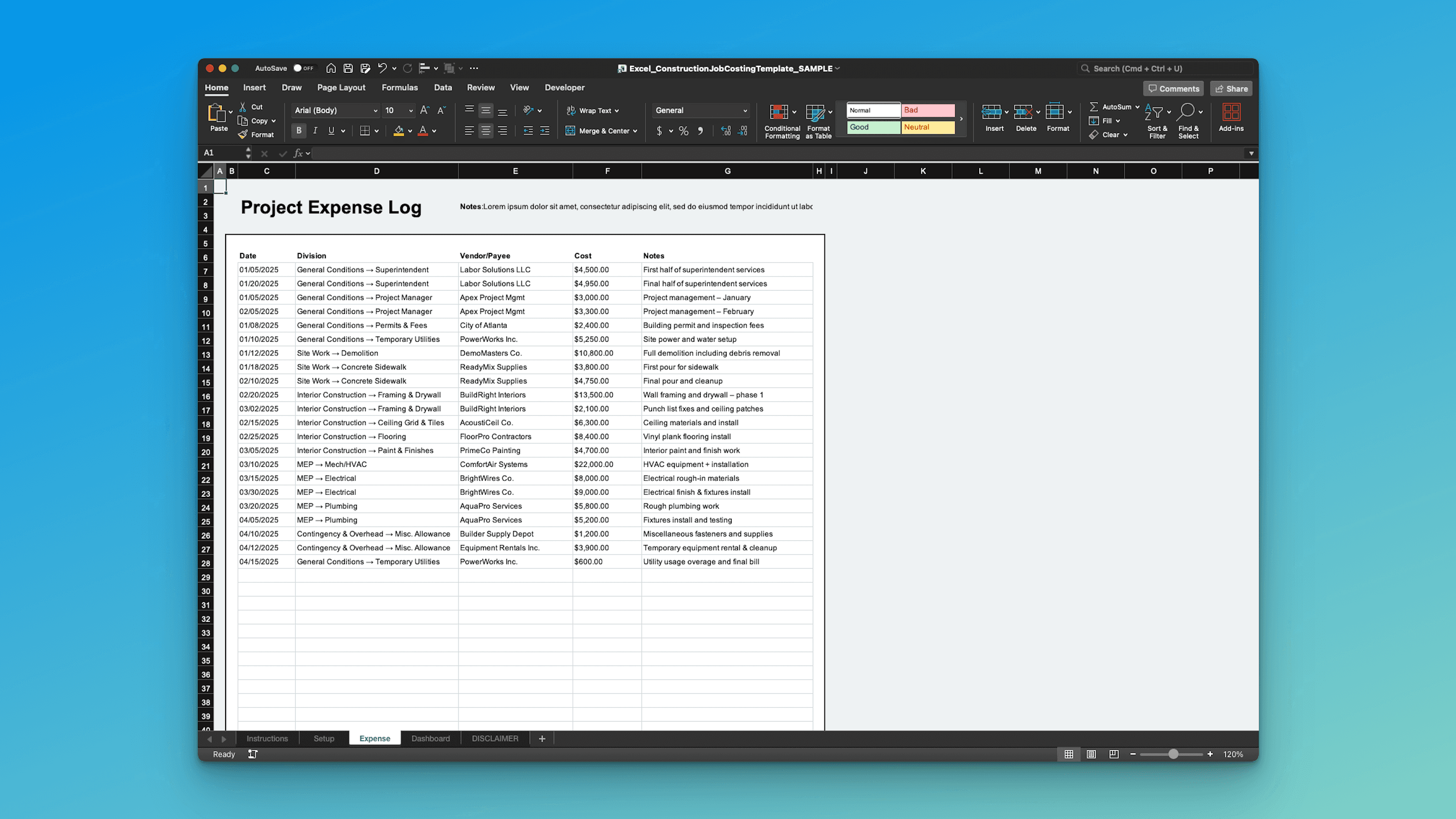 Project expense log table in Construction Job Costing Template – multiple dated entries tracking superintendent, project manager, site work, demolition, and MEP costs with vendors and notes