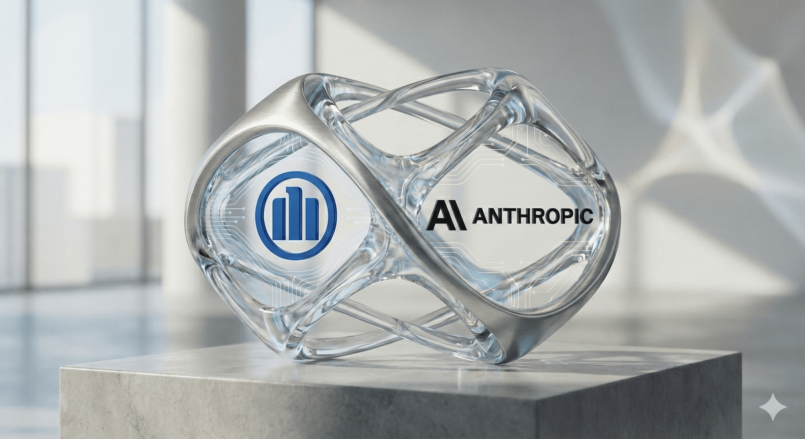 The image features a futuristic, transparent infinity loop sculpture on a pedestal, prominently displaying the logos for Allianz and Anthropic against a modern, minimalist background with soft natural lighting.