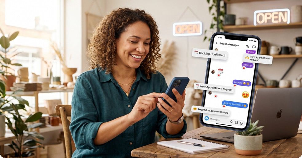 Small business owner managing Instagram DM automation replies and bookings from her shop