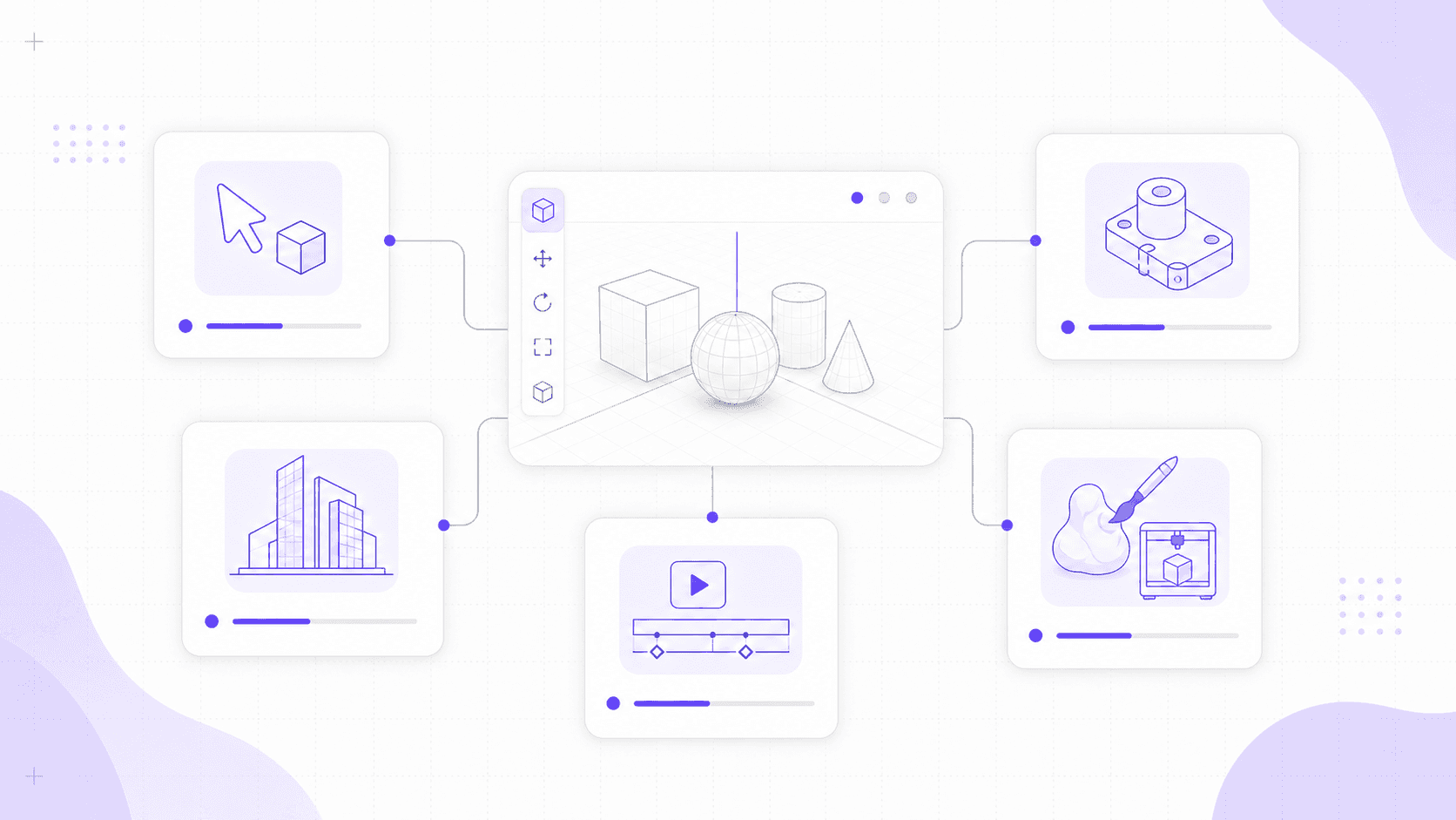 Use case illustration showing a central 3D viewport connected to beginner, product design, architecture, animation, and sculpting cards