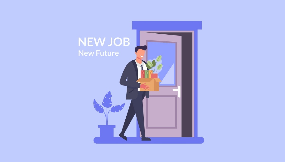Illustration of a professional carrying a box of office supplies while exiting a workplace.