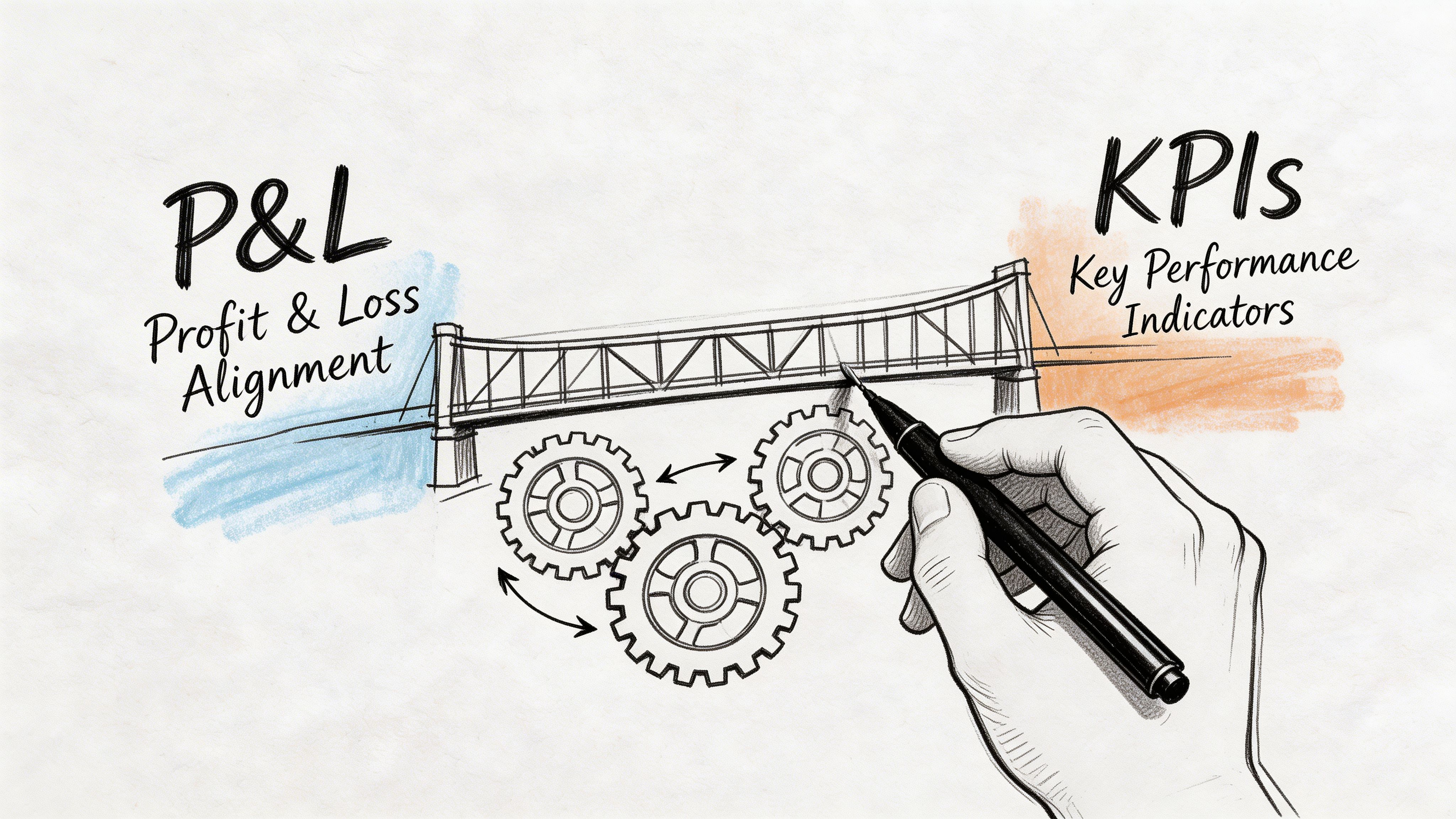 A hand drawing a bridge connecting Profit and Loss to Key Performance Indicators with gears underneath.
