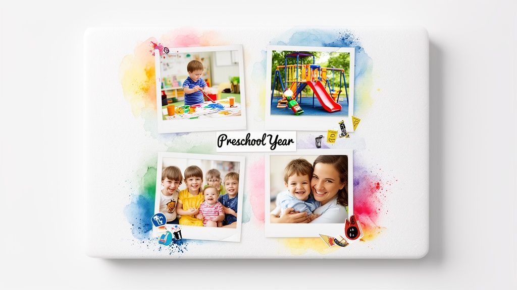 Collage of four polaroid-style photos from a preschool year, showing happy children and a mother.