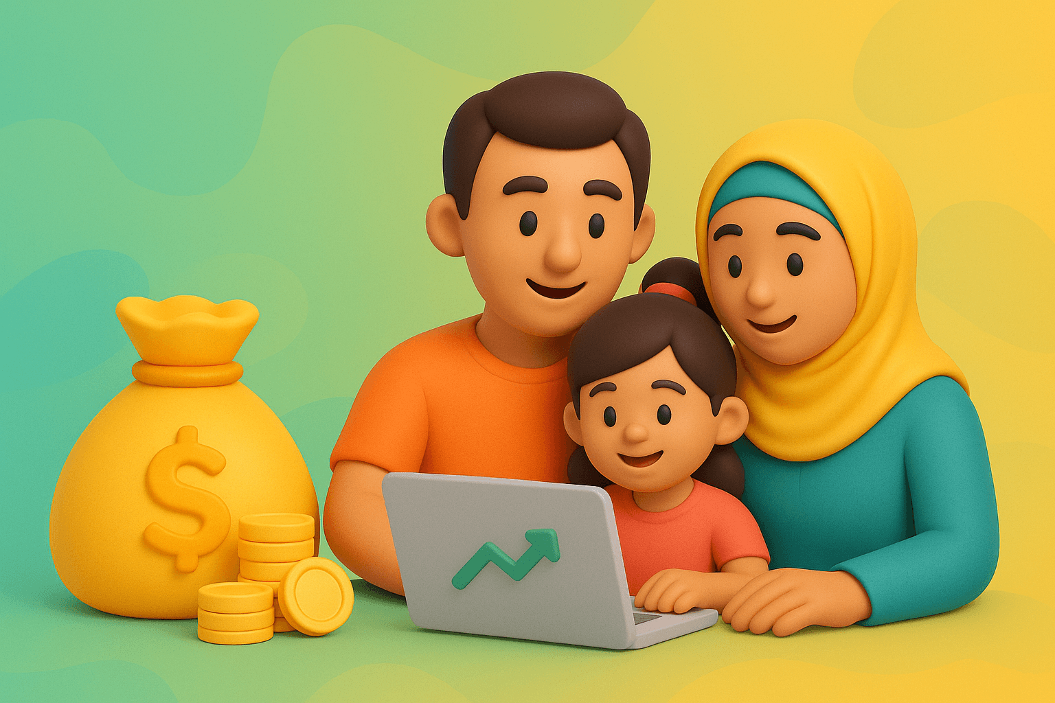 Ilustrasi clay 3D keluarga muda terdiri dari ayah, ibu berhijab, dan anak perempuan melihat laptop dengan grafik naik di layar, di samping kantong uang emas dan tumpukan koin. Latar gradasi hijau–kuning hangat.